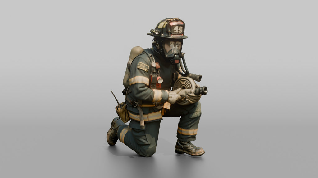 Firefighter Man Crouching in a Low Tactical Stance