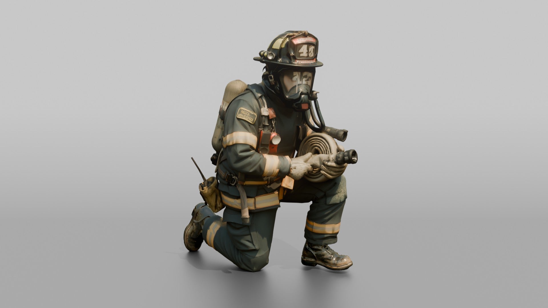 Firefighter Man Crouching in a Low Tactical Stance
