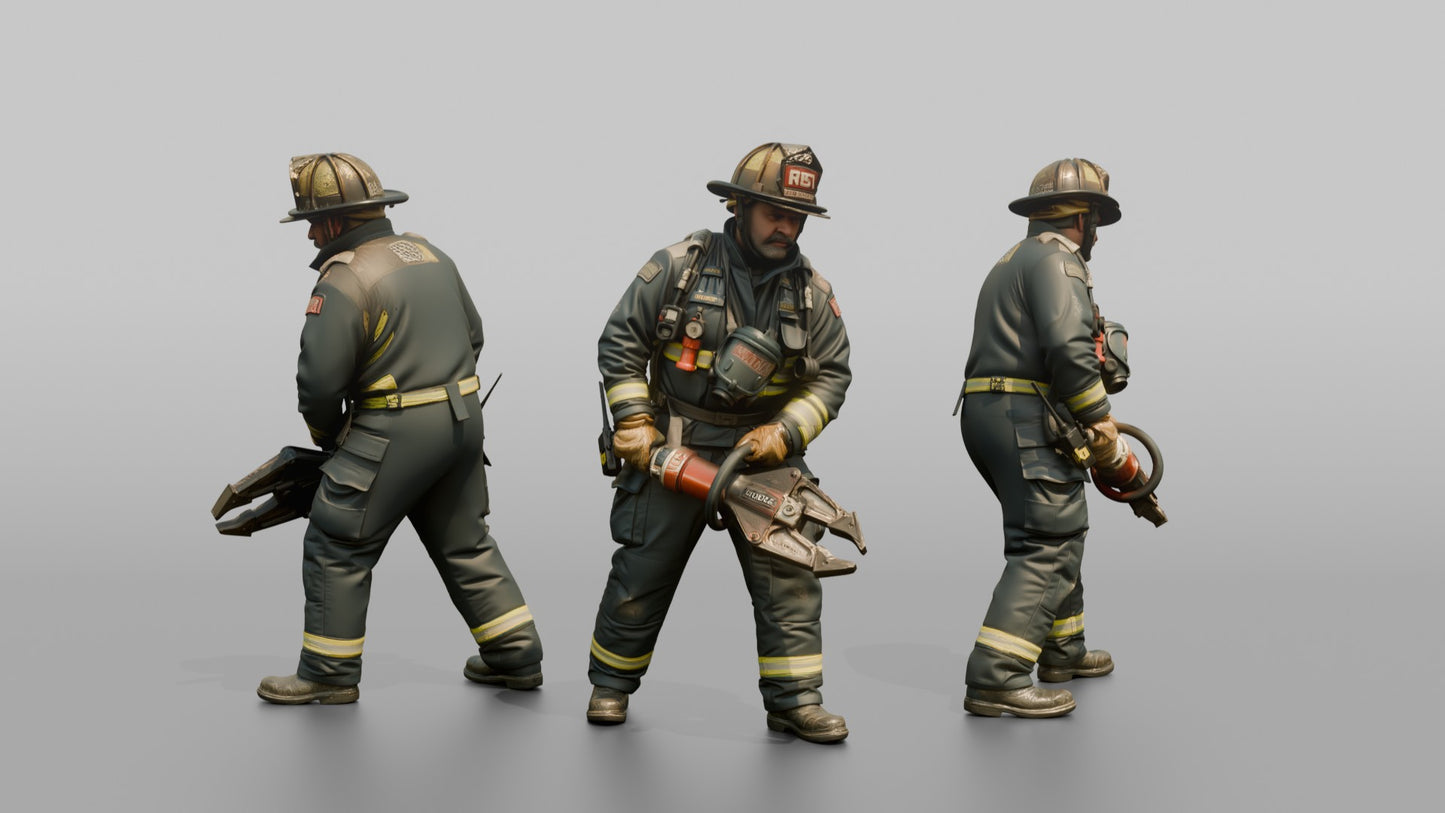 Firefighter Man Leaning Forward While Carrying Rescue Cutters