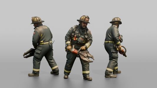 Firefighter Man Leaning Forward While Carrying Rescue Cutters