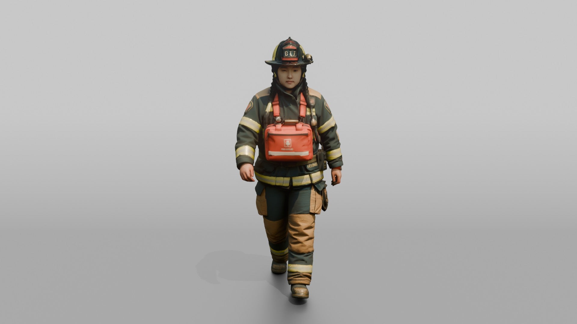 Firefighter Woman Carrying a First Aid Kit Across Her Chest