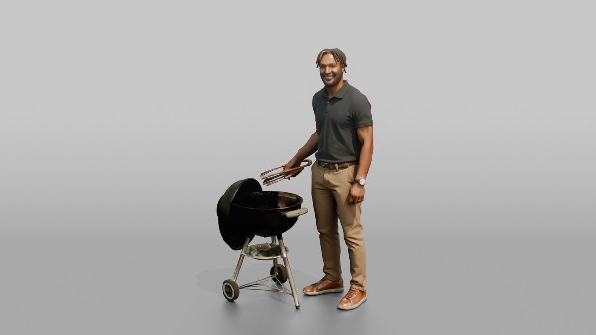 Father Holding Barbecue Tongs, Standing Beside A Grill - 3D character model, view 5
