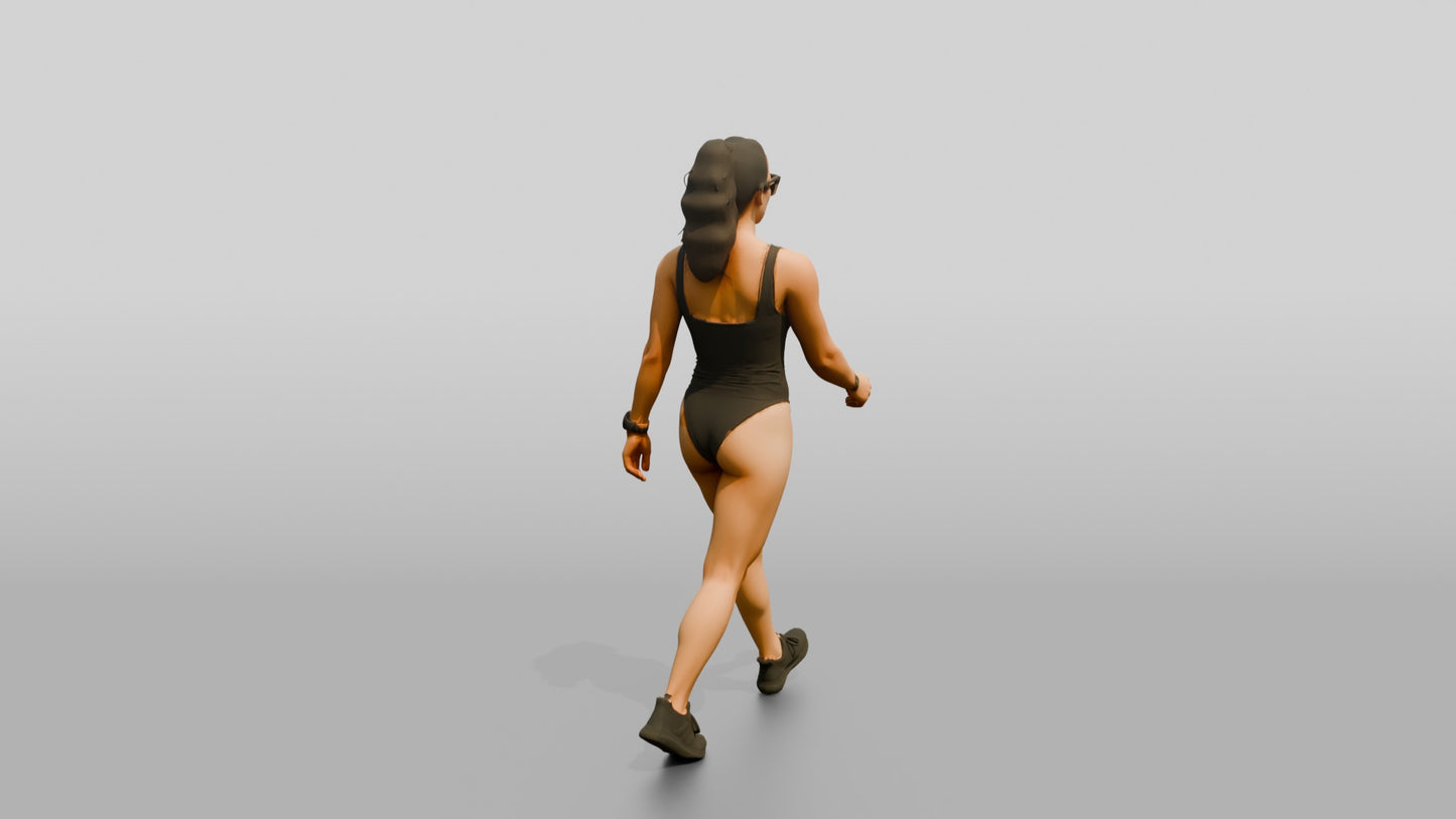 Latina Woman in Sleek Black Swimsuit Beach Walk