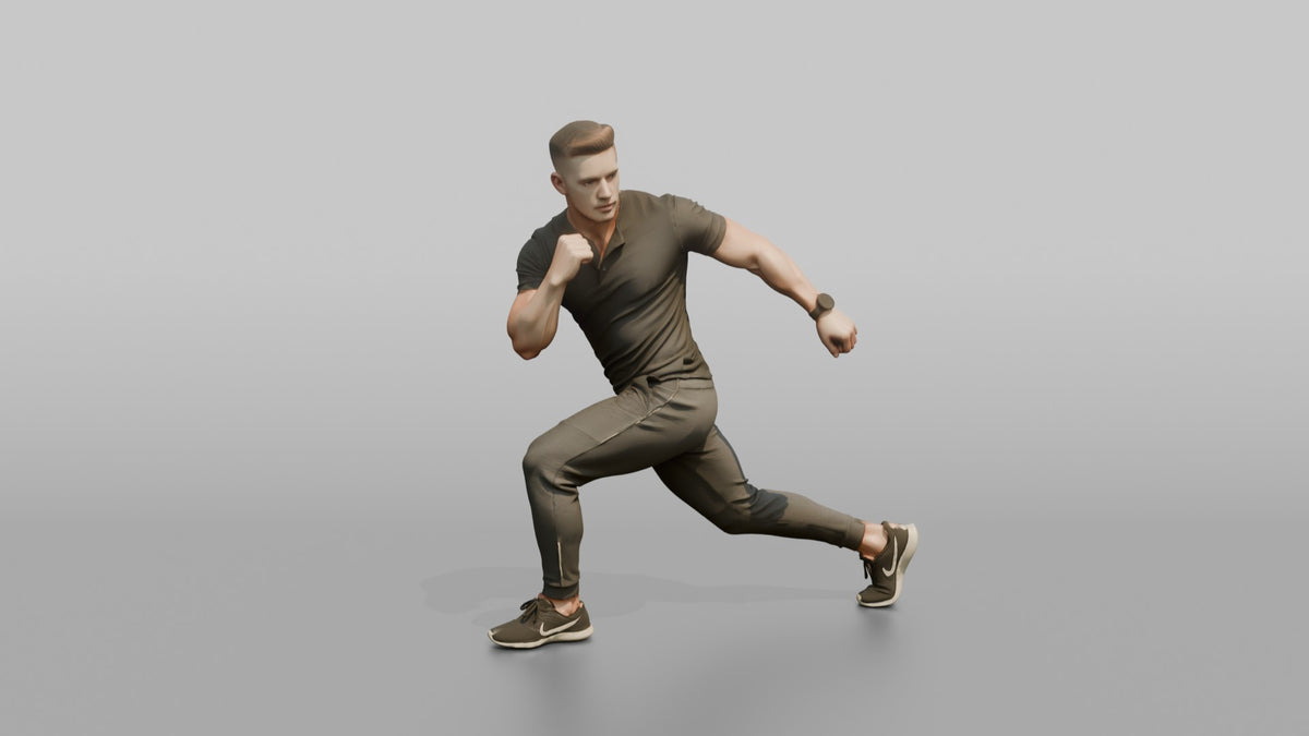 Fitness Influencer Man Mid Lunge, Twisting Slightly - 3D character model, view 5
