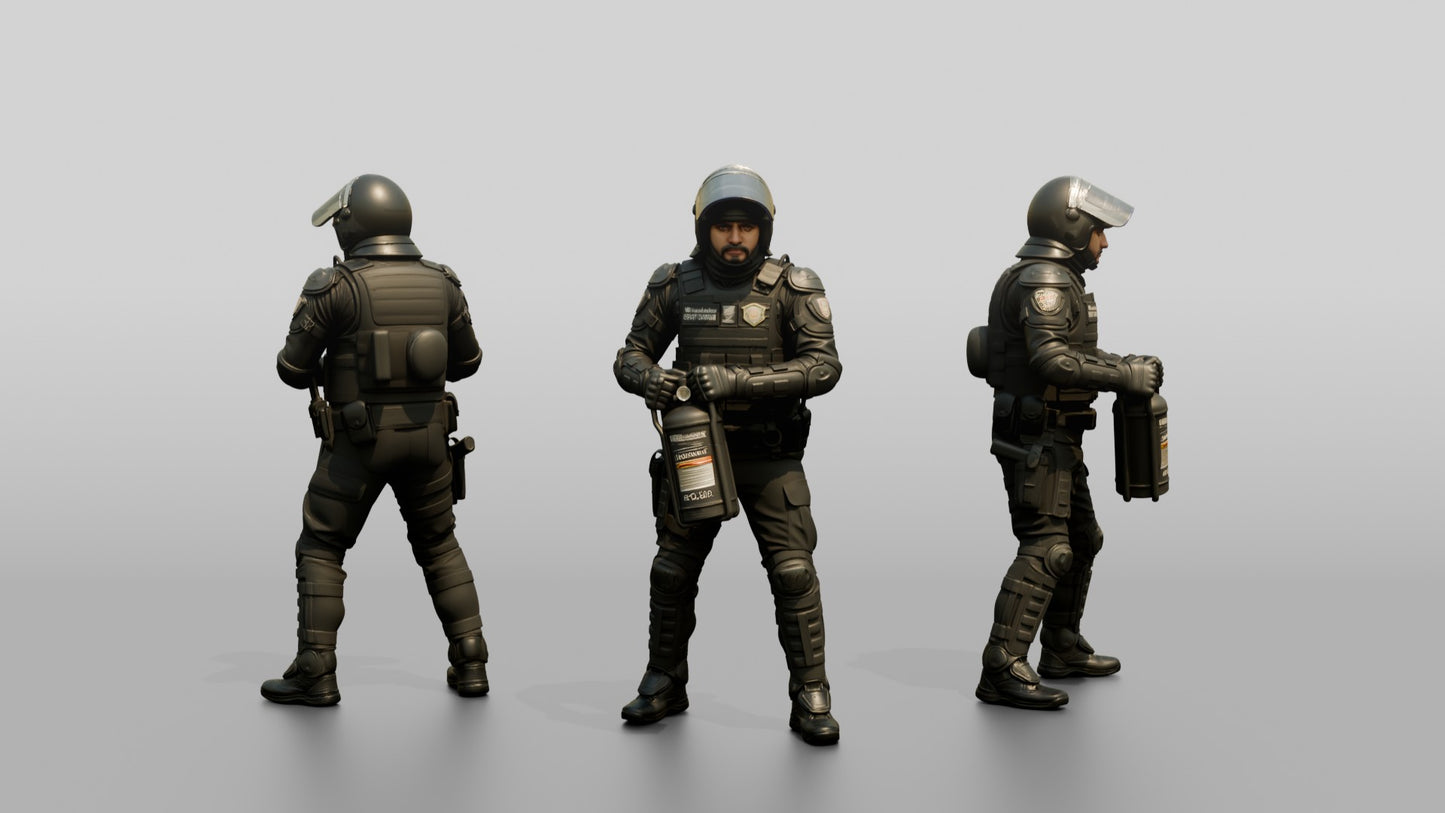 Riot Police Officer Standing with Weapon