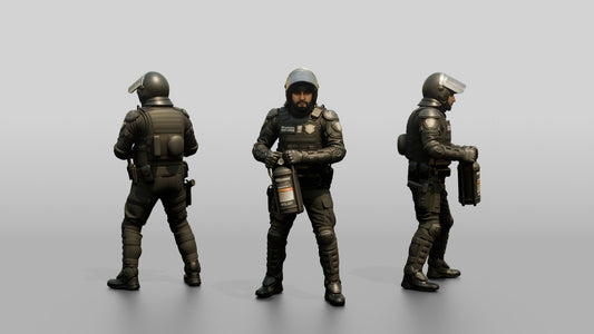 Riot Police Officer Standing with Weapon
