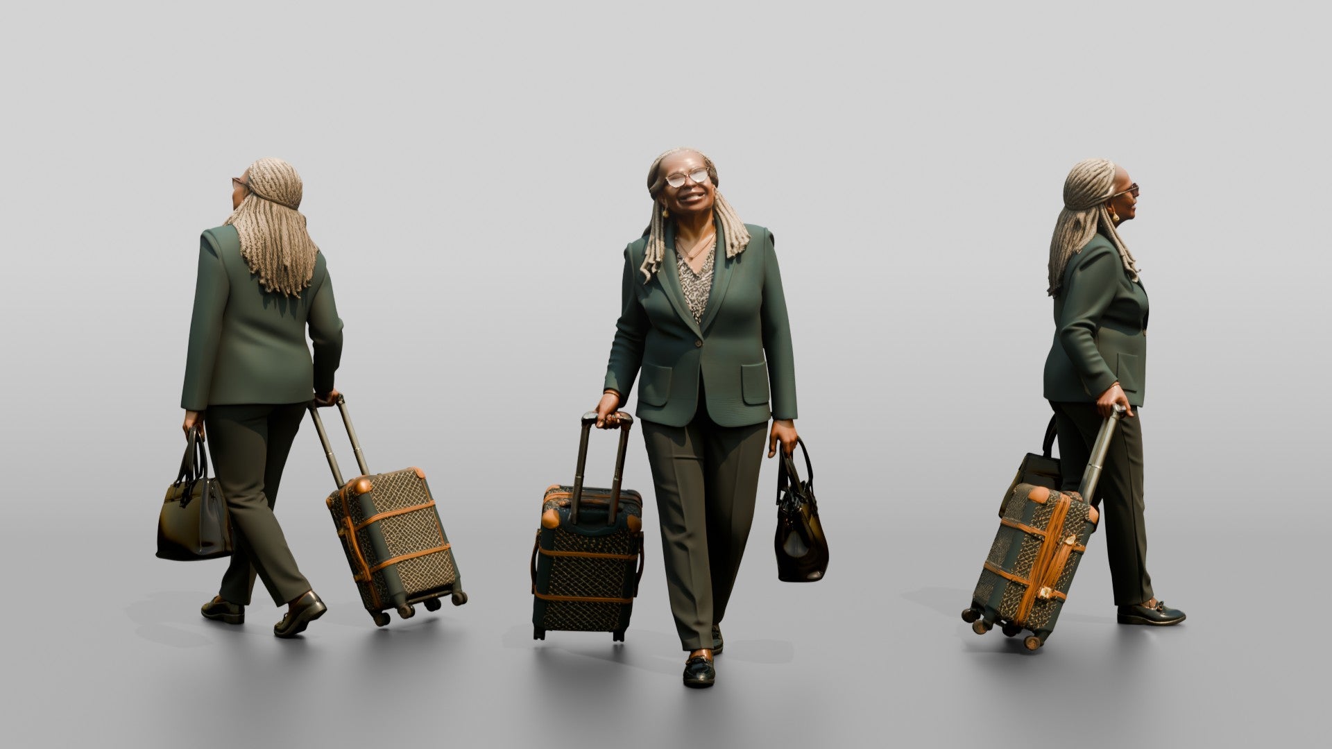 Elderly Black Woman in Green Blazer with Patterned Luggage