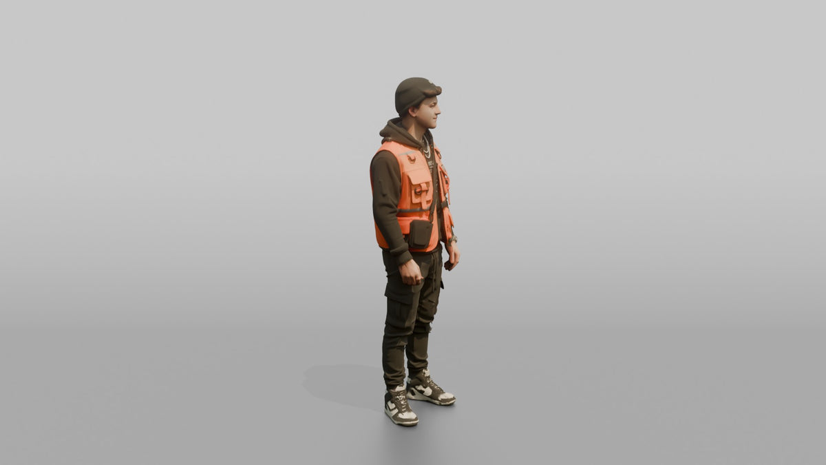 Patron Man Wearing A Bright Utility Vest Over Urban Streetwear, Confident Pose - 3D character model, view 2