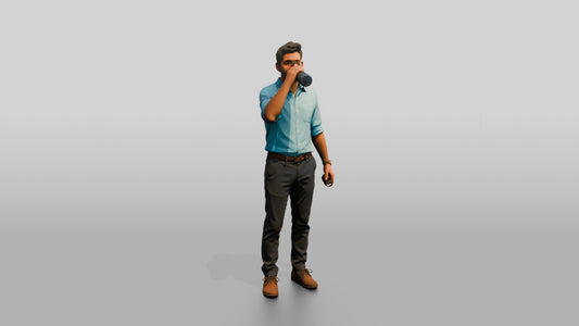 Man Sipping Coffee in a Blue Shirt - 3D character model, view 1