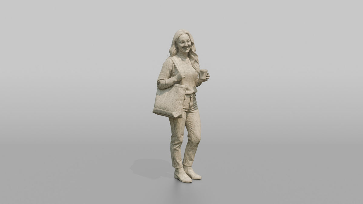 Woman Customer Holding A Tote Bag And A Small Candle - wireframe topology preview