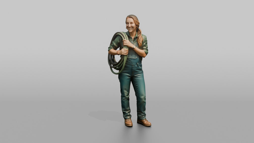 Farmer Coiling Industrial Garden Hose Over Shoulder