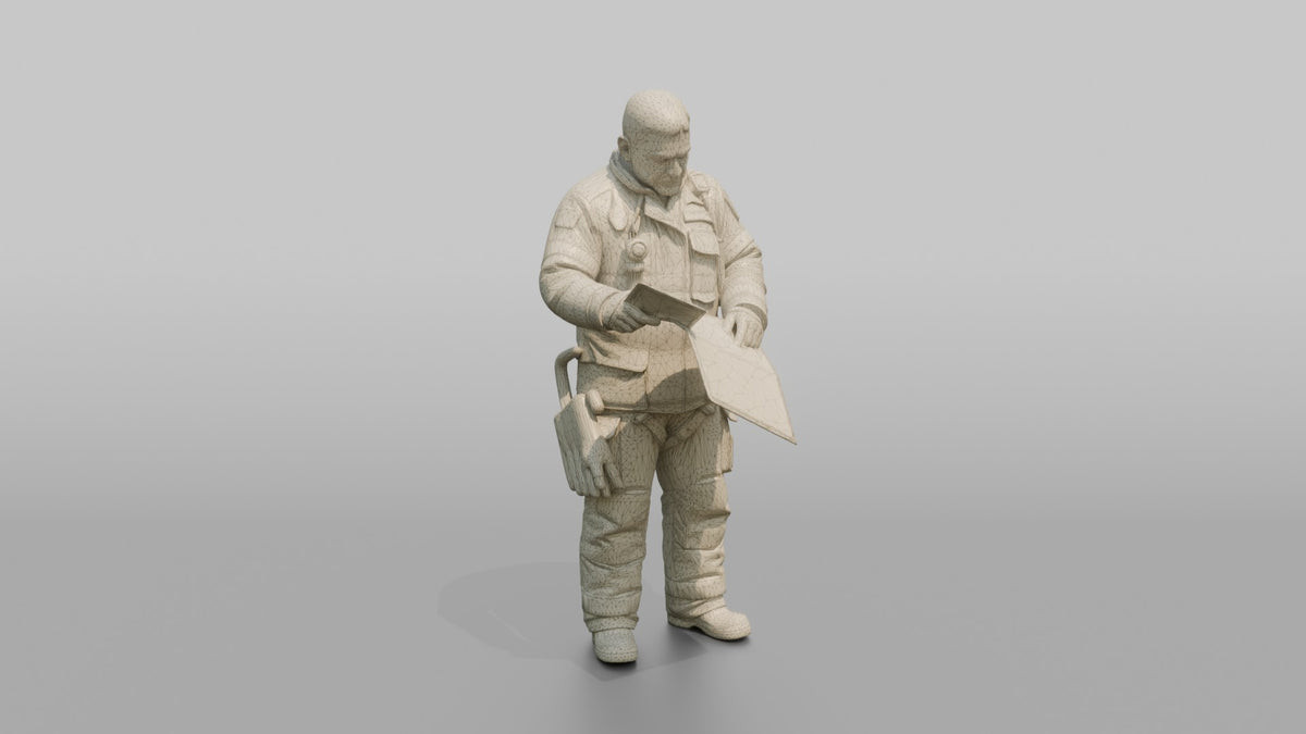 Firefighter Man Reviewing an Emergency Building Map - wireframe topology preview