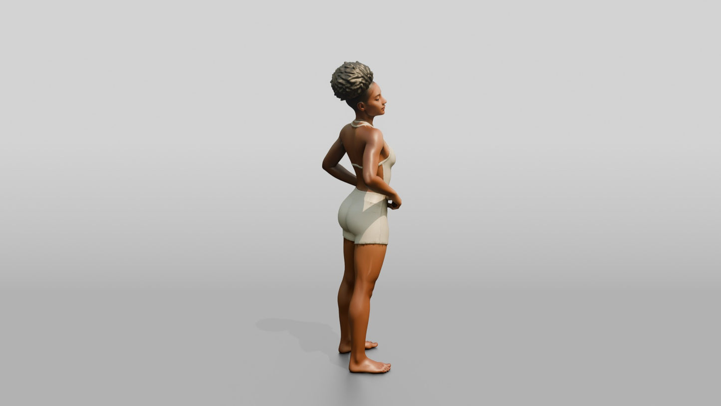 Black Woman in Cream Unitard with Hand on Hip