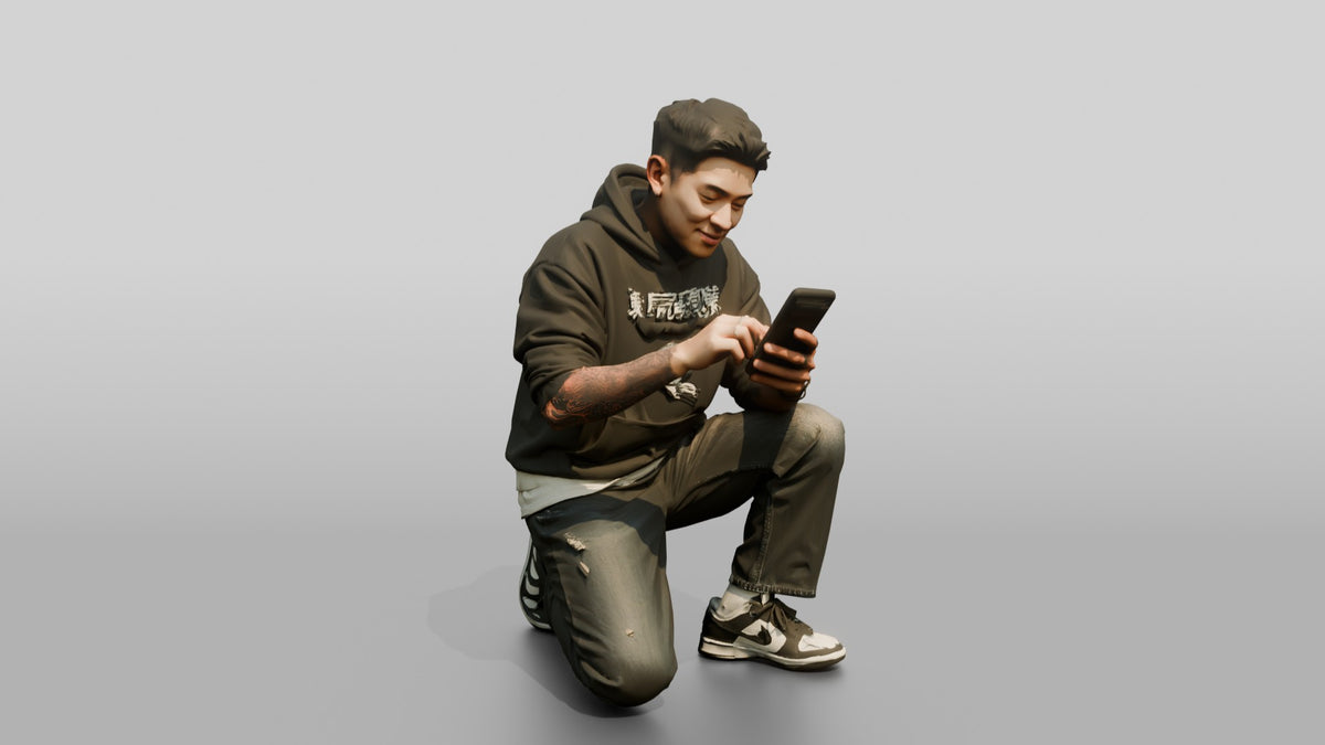 Asian Man Crouched Texting on Phone - 3D character model, view 5