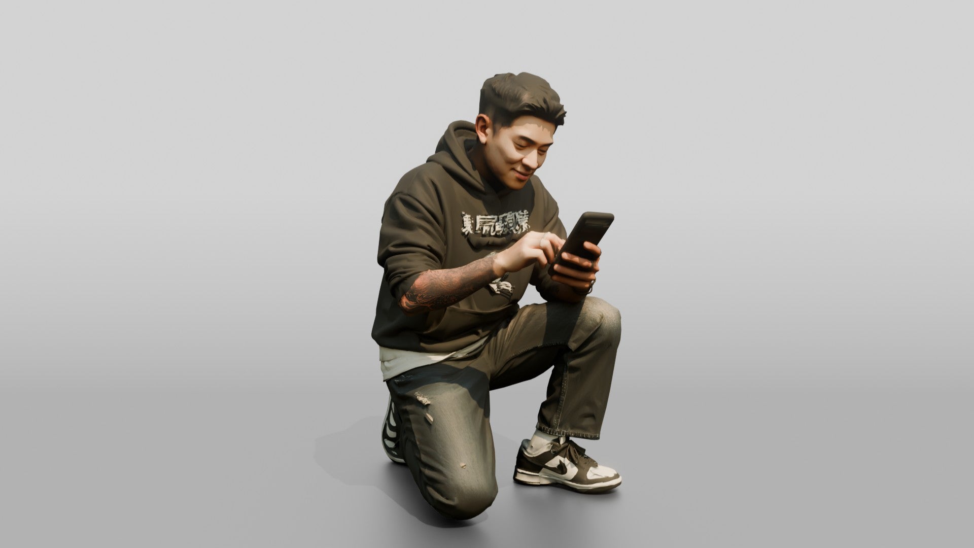 Asian Man Crouched Texting on Phone