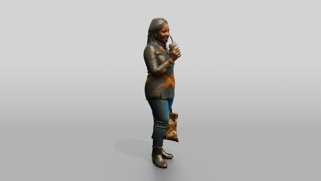 Curvy African Woman Drinking Iced Coffee in a Print Tunic