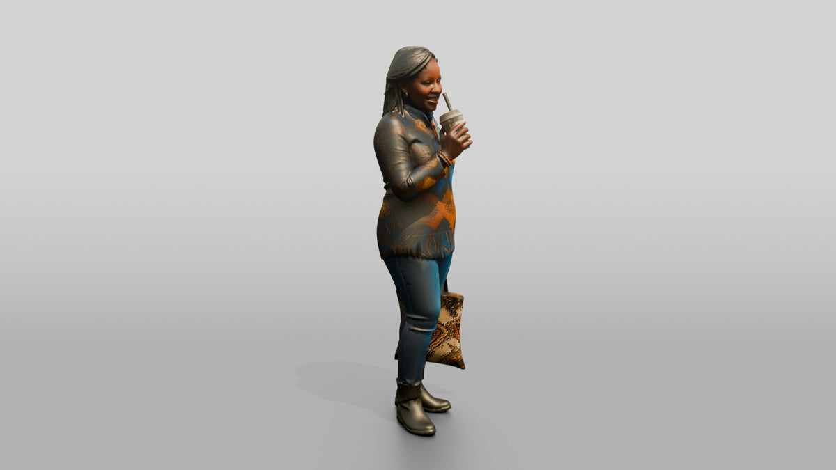 Curvy African Woman Drinking Iced Coffee in a Print Tunic - 3D character model, view 2