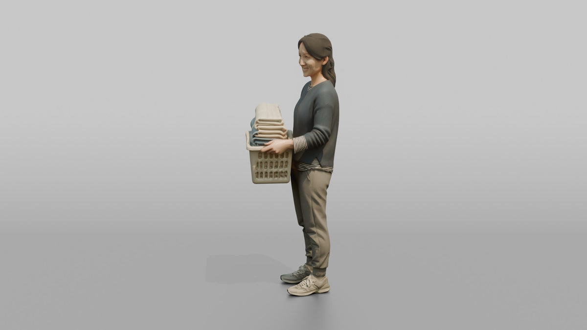 Mother Holding A Laundry Basket Full Of Folded Towels - 3D character model, view 4