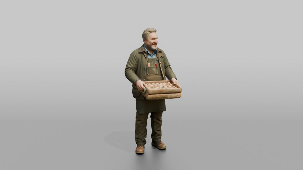 Farmer Holding Hand Built Wooden Egg Crate