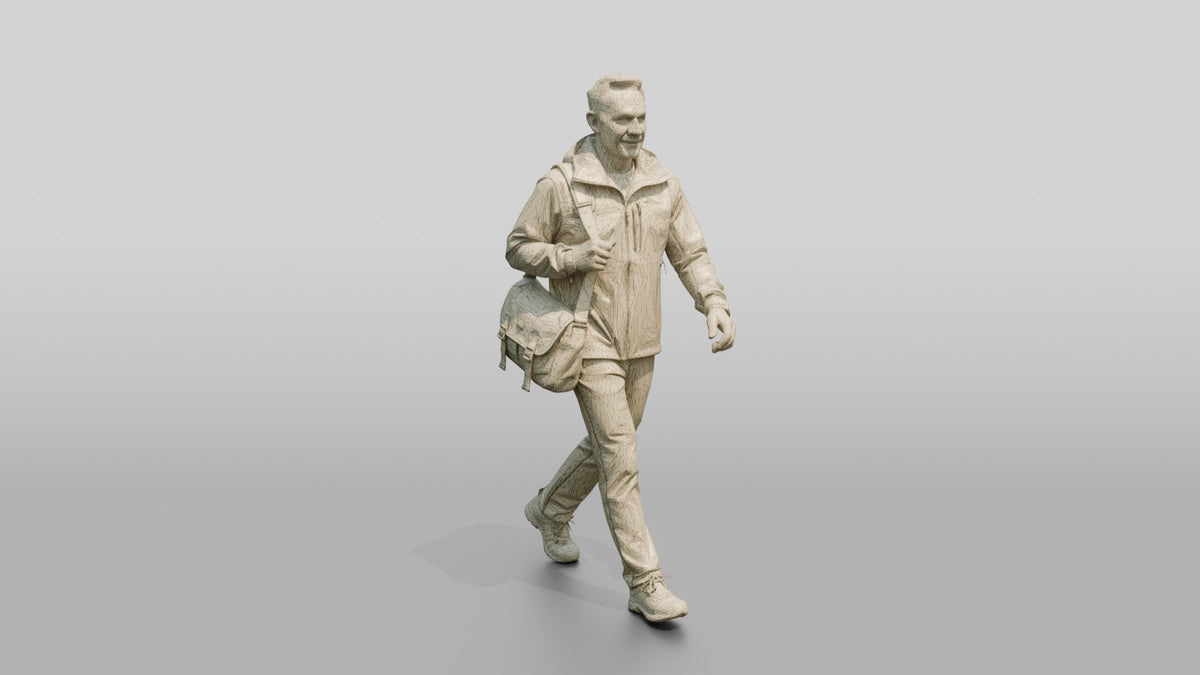 White Man Briskly Walking in Blue Rain Jacket - wireframe topology preview