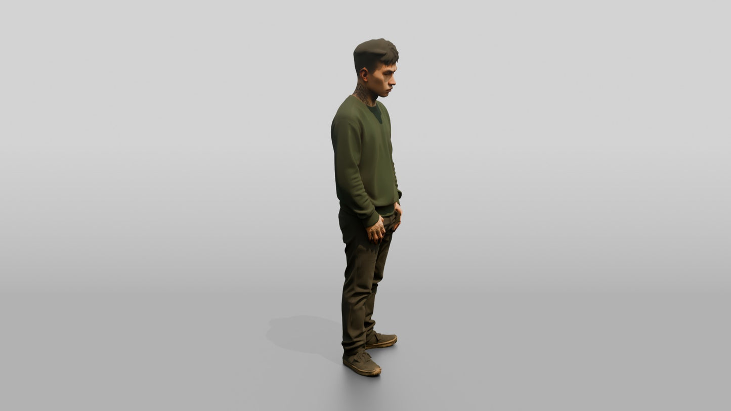 East Asian Male Prisoner in a Green Crewneck Sweatshirt