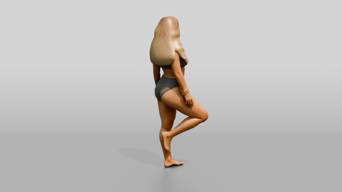 Blonde Curvy Woman in Taupe Two-Piece Swimsuit Tree Pose