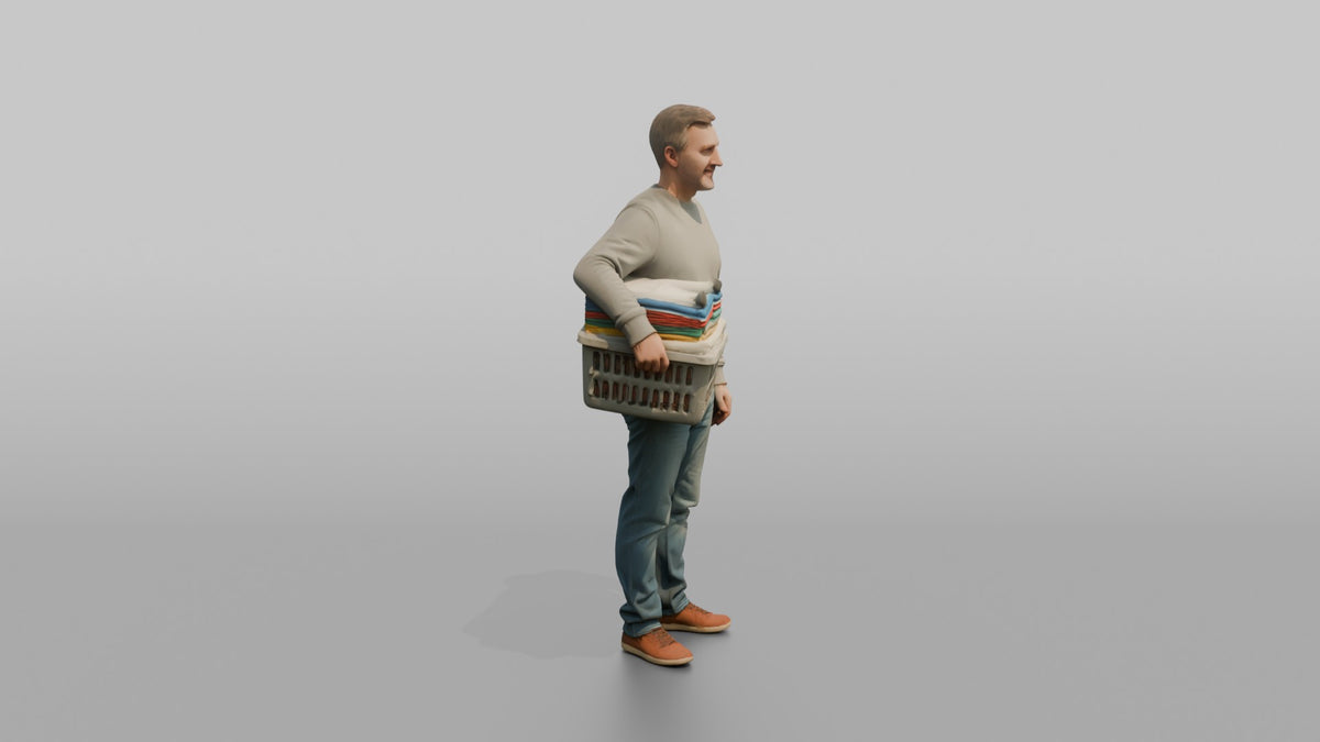 Father Carrying A Laundry Basket Full Of Folded Clothes On One Hip - 3D character model, view 2