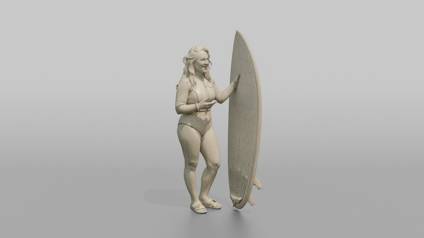 Surfer Standing and Chatting by Her Board