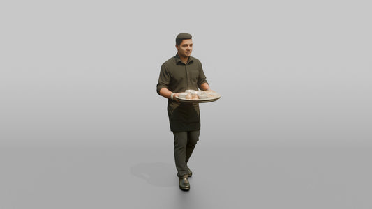 Server Man Holding A Bread Basket With Both Hands - 3D character model