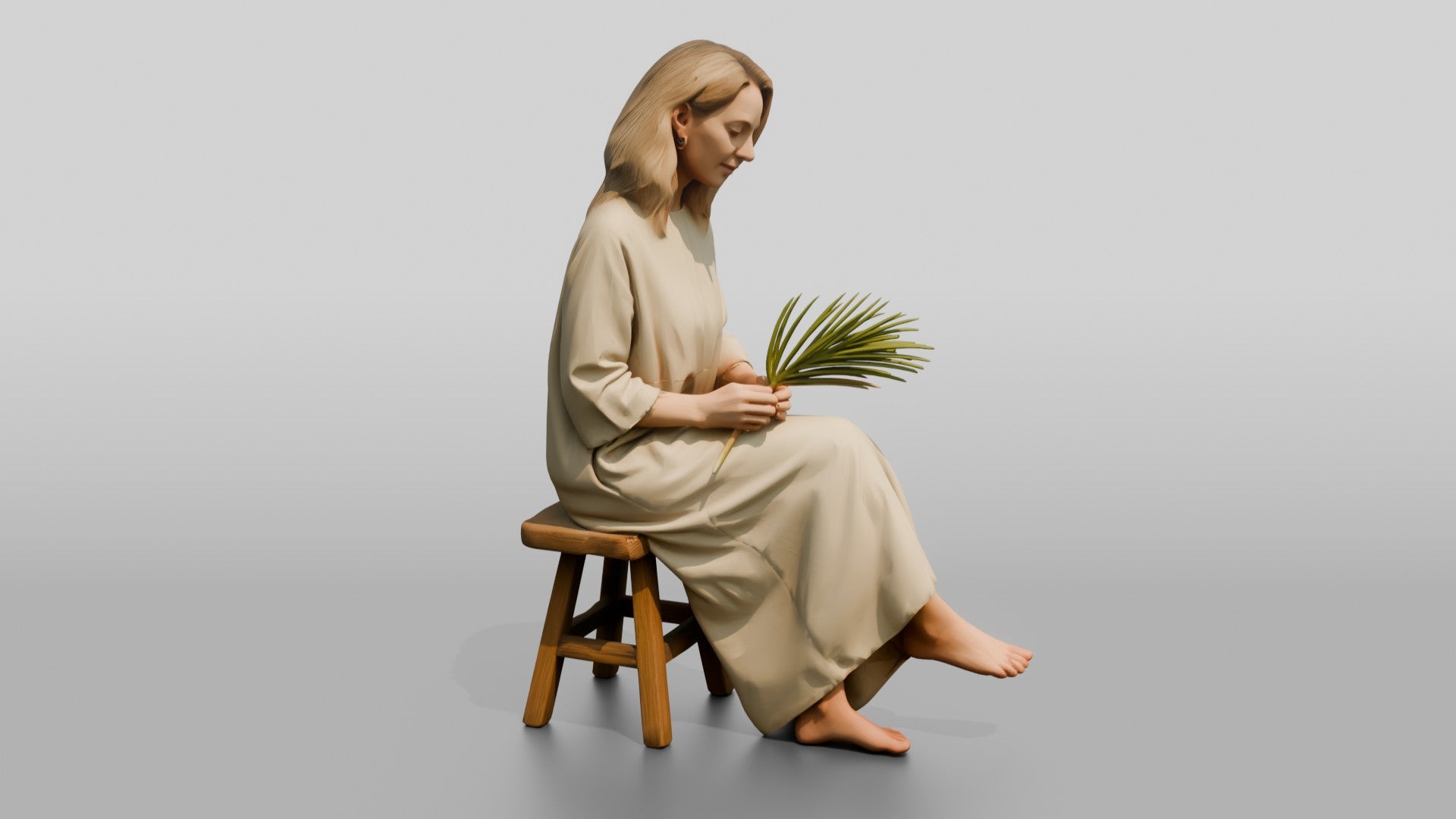 Woman Holding a Palm Leaf on a Chair