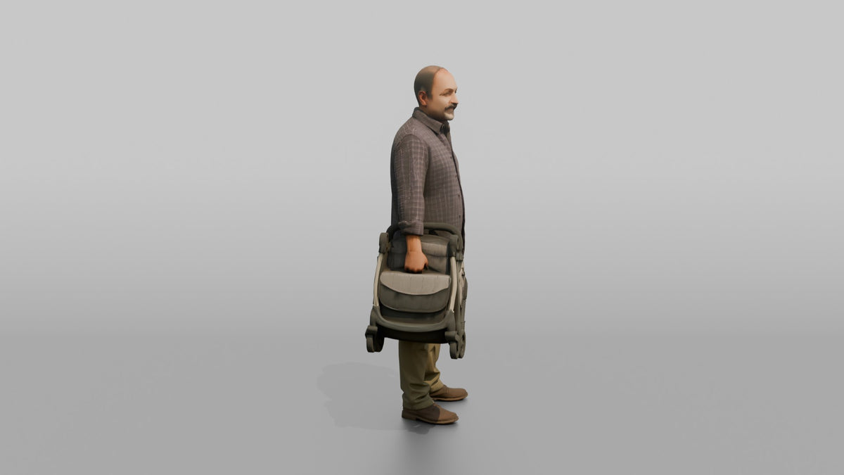 Father Carrying A Folded Stroller Tucked Under One Arm - 3D character model, view 2