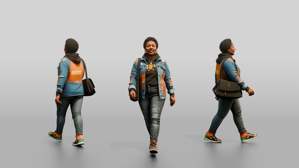 African Woman in Patched Denim Jacket Walking