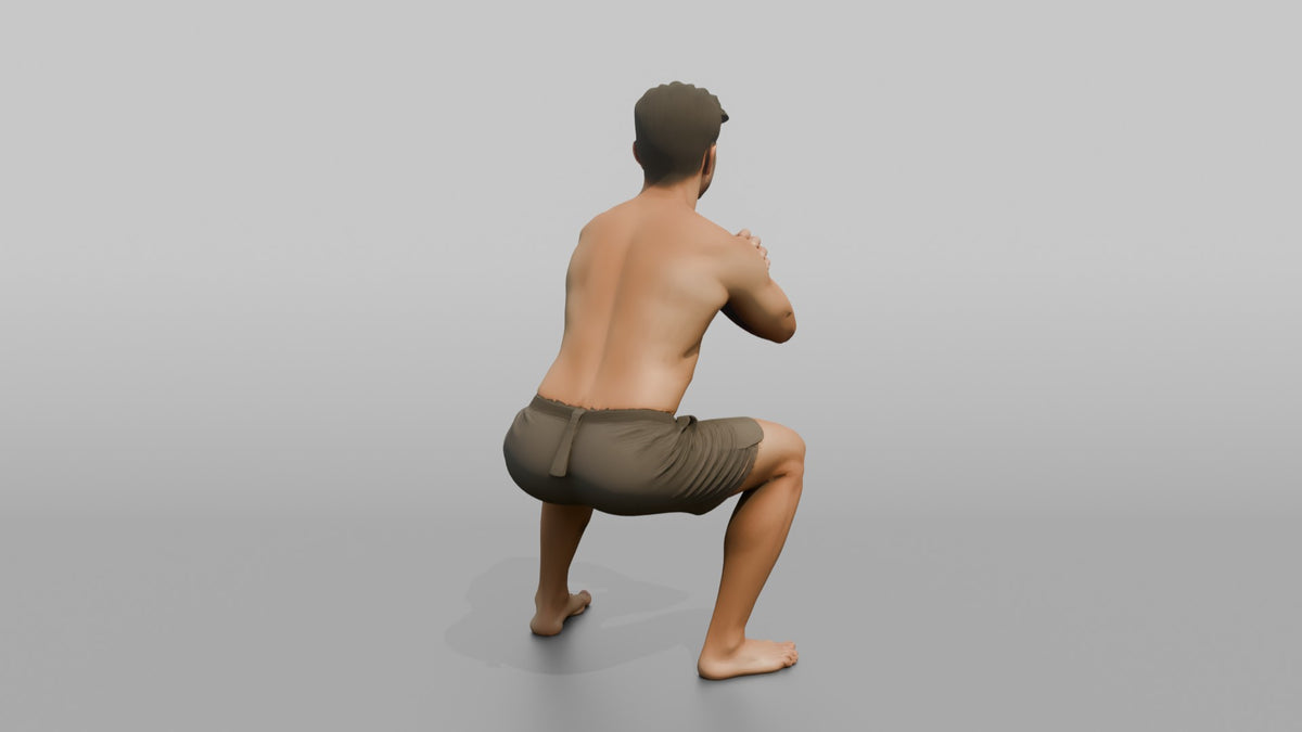 Bodyweight Athlete Man Holding A Deep Squat Position, Arms Crossed - 3D character model, view 3