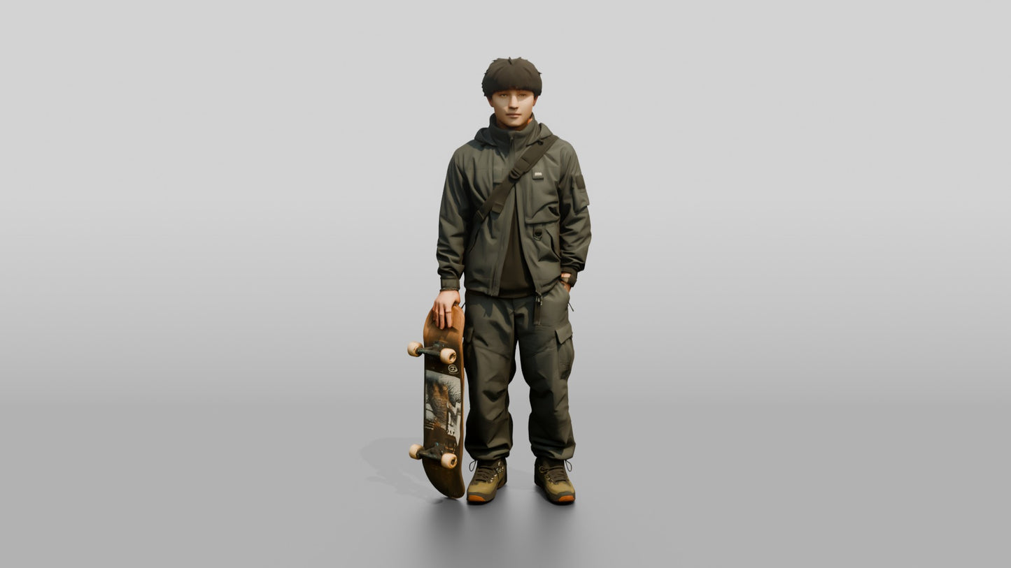 Skater Man in Technical Jacket with Skateboard