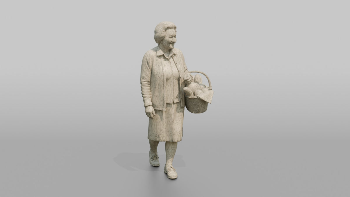 Grandmother Carrying A Wicker Basket Of Fresh Bread - wireframe topology preview