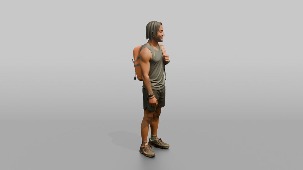 Hiker Slinging a Pack Over One Shoulder