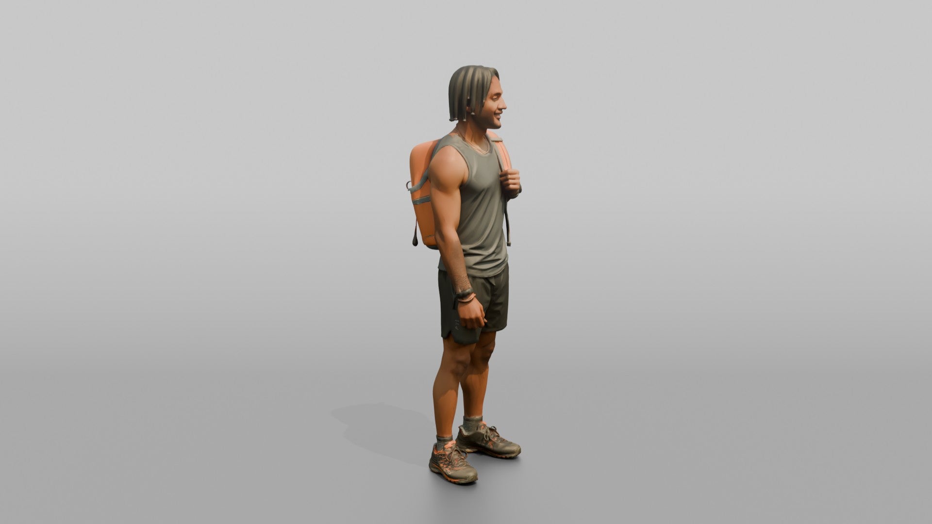 Hiker Slinging a Pack Over One Shoulder