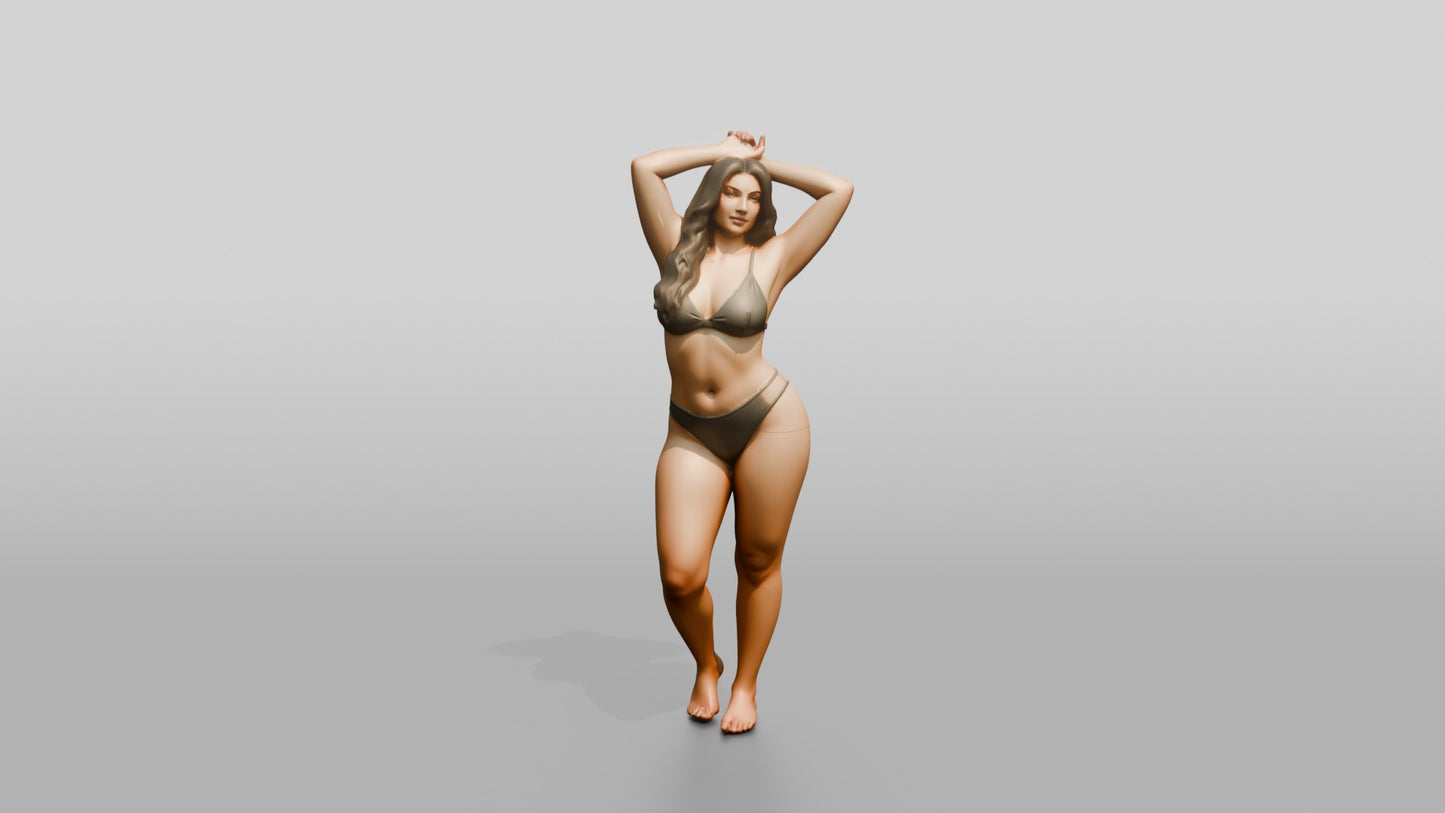 Curvy Woman in Olive Two-Piece Swimsuit Adjusting Her Hair