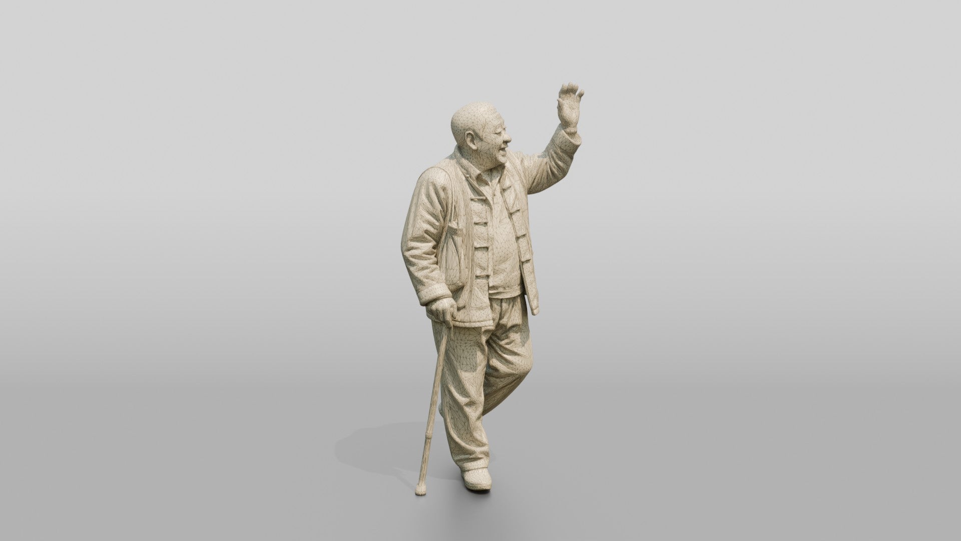 Elderly Chinese Man Waving While Walking with Cane