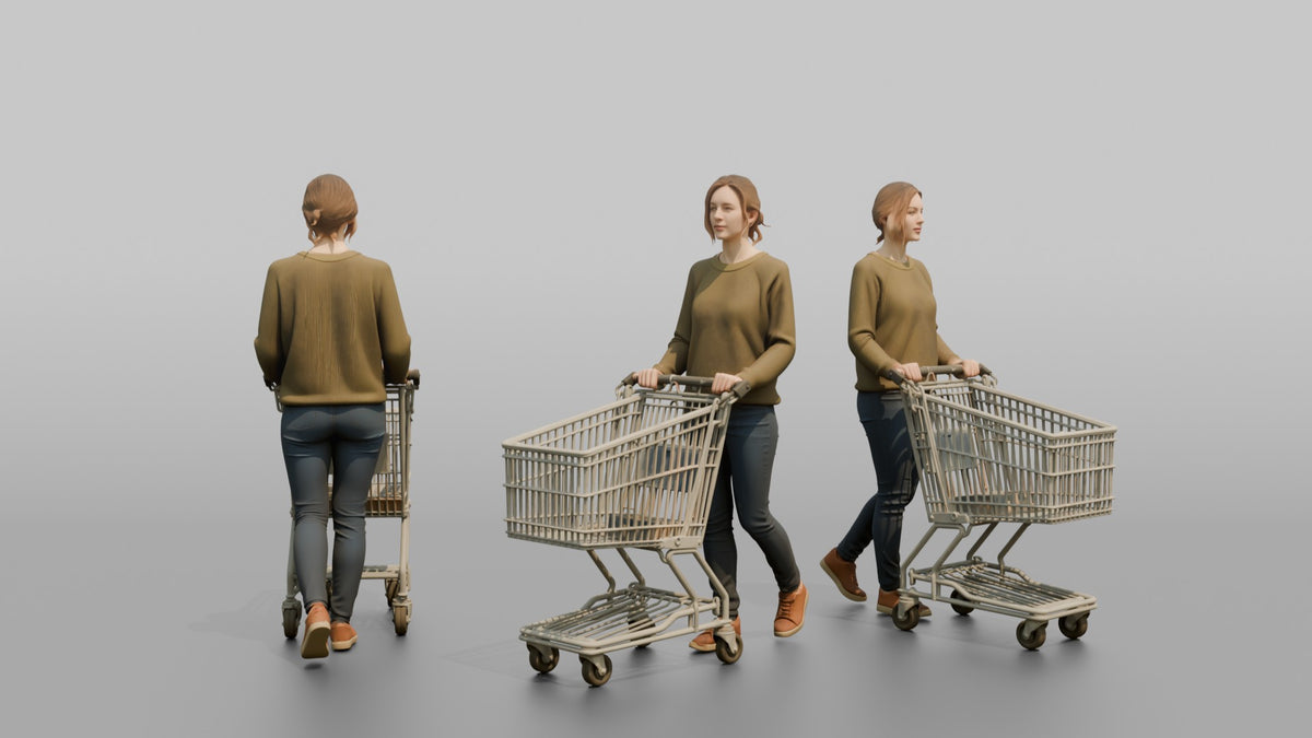 Woman Customer Pushing A Small Shopping Cart - 3D character model, view 1