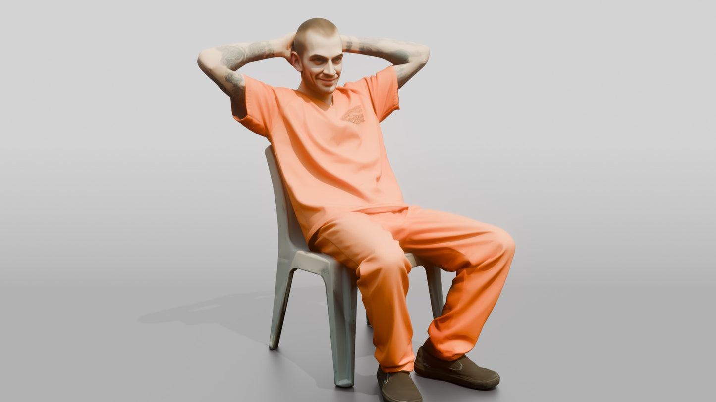 Caucasian Male Prisoner Leaning Back in a Hard Plastic Chair