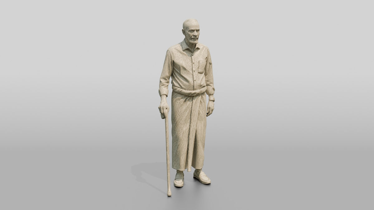 Elderly African Man in Patterned Sarong Leaning on a Cane - wireframe topology preview