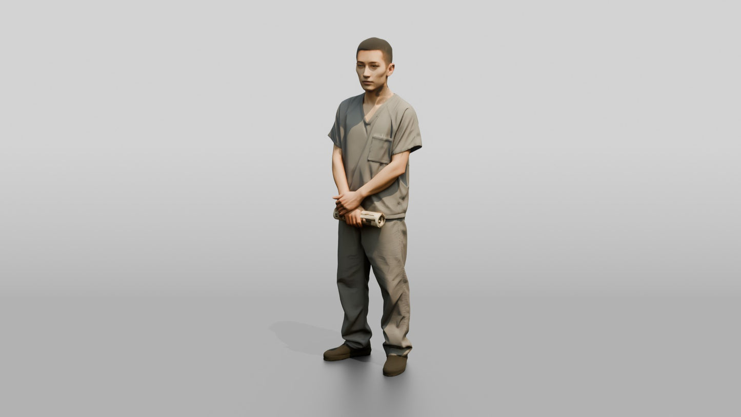 East Asian Male Prisoner in a Grey Scrub Uniform