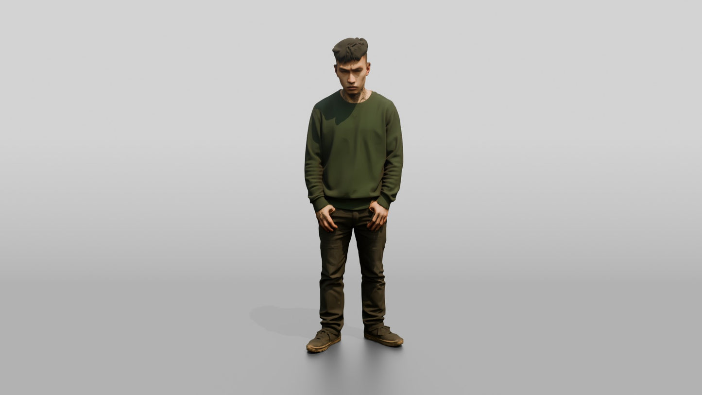East Asian Male Prisoner in a Green Crewneck Sweatshirt