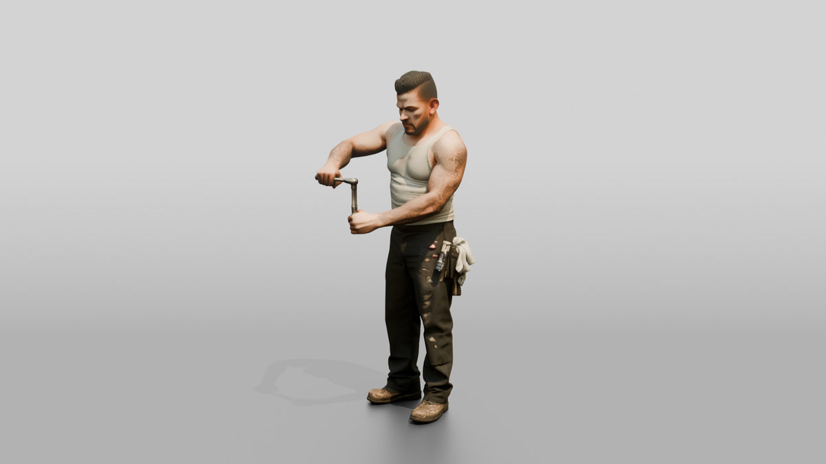 Mechanic Assembling a V8 Engine Block - 3D character model, view 4