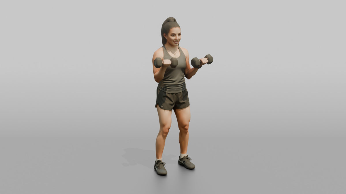 Weightlifter Woman Curling A Pair Of Dumbbells Simultaneously - 3D character model