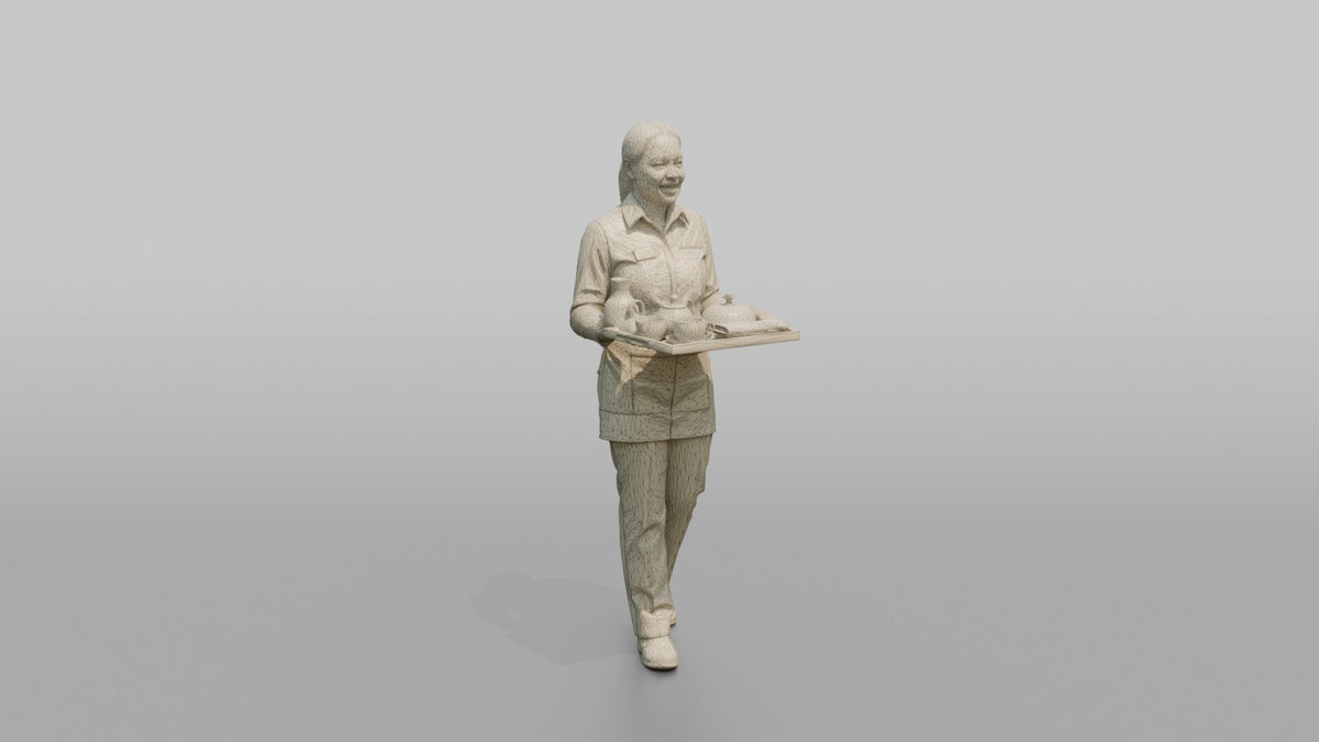 Housekeeping Staff Woman Carrying A Room Service Tray - wireframe topology preview