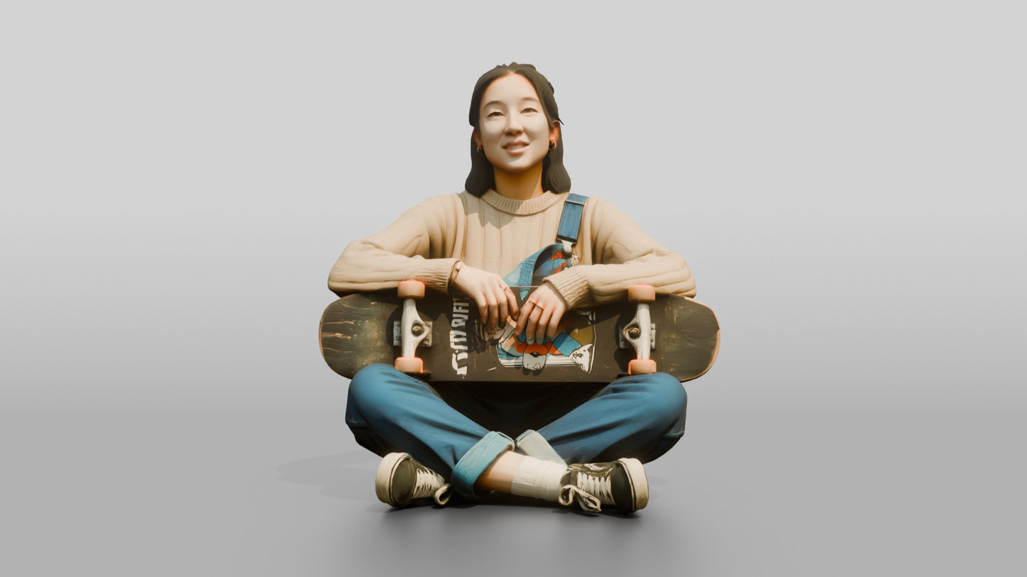 Skater Woman Sitting with Skateboard