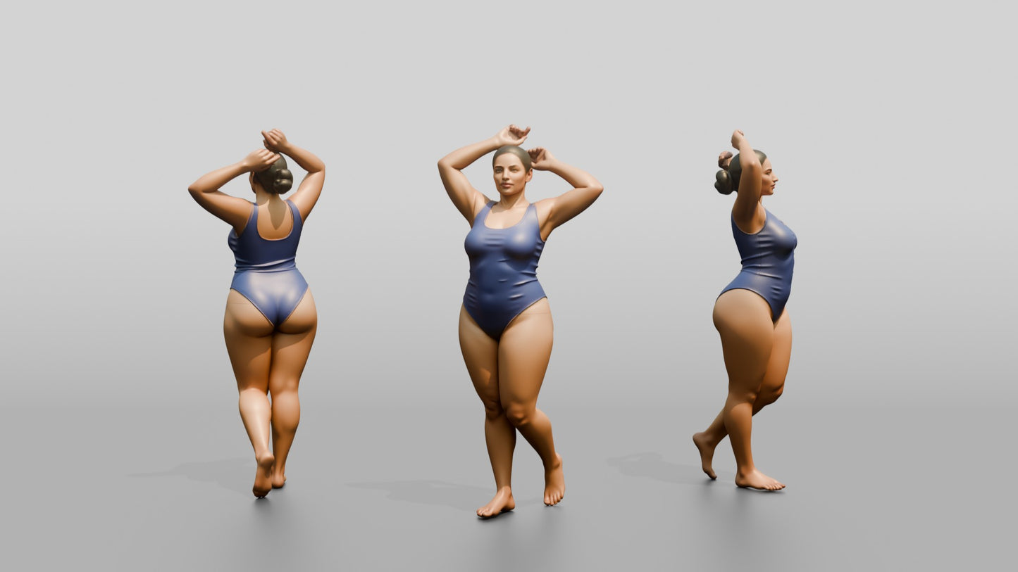 Curvy Woman in Blue One-Piece Swimsuit Arms Raised