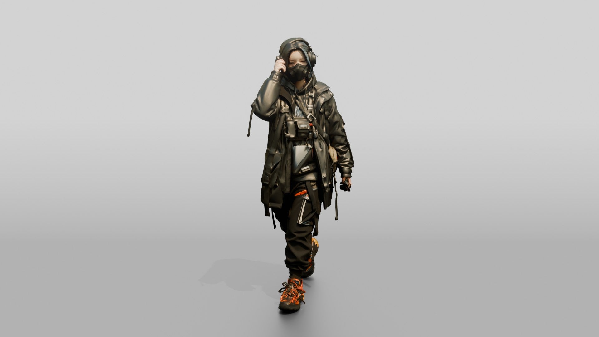 Techwear Woman with Headphones and Tech Vest